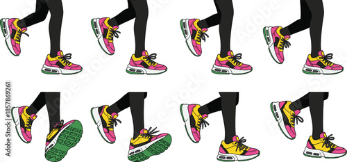 Running and walking legs animation sequence vector with colorful sneakers showing step by step movement in flat style