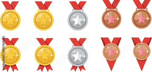 Gold silver and bronze award medals vector set with red ribbons and star icons in flat illustration style