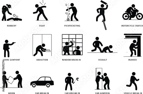 Crime and criminal activity silhouette icons set showing robbery, assault, abduction, pickpocketing, car break-in, murder and violence incidents flat vector illustration