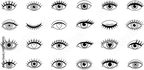 Black and white eye line art vector set with different eye shapes lashes emotions and decorative symbols