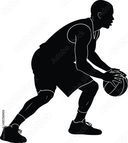 Basketball player silhouette, athlete dribbling ball in triple threat position, black sports figure outline set, cad drawing flat vector illustration