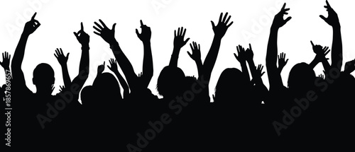 Black crowd silhouette of people with raised hands at concert or party event celebration, cad drawing flat vector illustration background