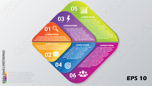 6 Step Diamond Process Infographic. Overlapping Colorful Petal Nodes with Business Icons and Numbered Options. Professional Vector Template for Strategy and Workflow. EPS 10