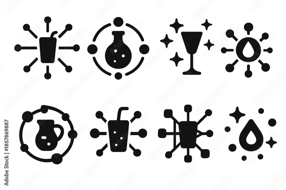 Fototapeta premium Cosmic Drink Network Icons. Solid style icons of luminous ridge guidance: glowing crest compass, radiant mountain mark, summit