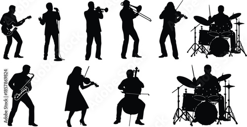 Collection of professional musician silhouettes playing various instruments including guitar drums violin and trumpet isolated on white background vector illustration.