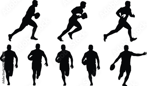 Collection of rugby player silhouettes running with ball and playing action poses isolated on white background flat vector illustration design.