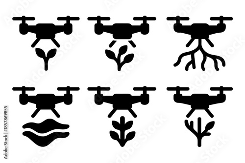Dual-Scan Mapping Drone. Solid style icons of a flying sensor for biological and geographical forks: dual-scan mapping drone,