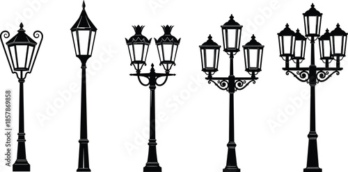 Collection of vintage street lamp silhouettes and classical lanterns isolated on white background for urban exterior flat vector illustration design.