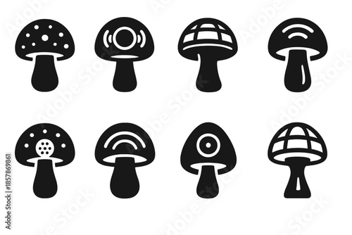 Holographic Mushroom Icons. Solid style icons of a holographic mushroom with audio sensors: luminous fungal cap, echo-detecting