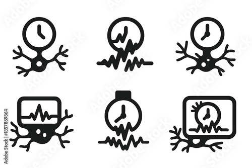 Nerve-Driven Seismic Clock. Solid style icons of a seismic clock using nerve impulses: nerve-driven quake meter, biological fault