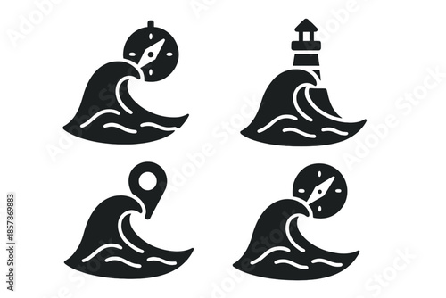 Wave Navigation Icons. Solid style icons of a wave peak holding navigation tools: ocean crest compass, marine peak beacon, wave