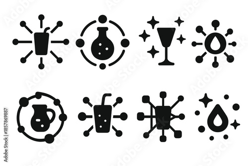 Cosmic Drink Network Icons. Solid style icons of luminous ridge guidance: glowing crest compass, radiant mountain mark, summit