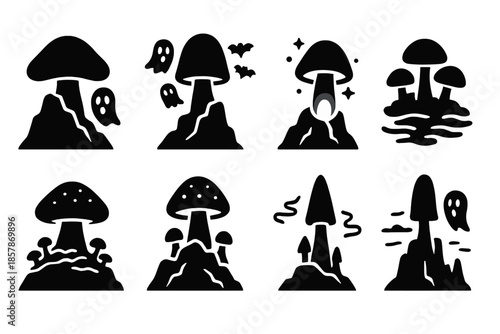 Haunted Mushroom Peaks. Solid style icons of haunted mushroom peaks: dark cap summit, spectral ridge, glowing stalk cliff, foggy