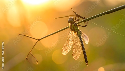 Dragonfly with sparkling wings perched on a stem, backlit by a warm golden sunset.