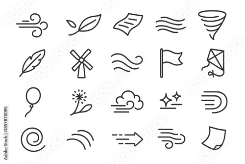 Wind Motion Icons. Line style icons of travel adventure: map, compass, tent, mountain, road, car, backpack, tree, binoculars,