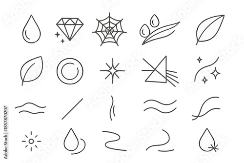 Delicate Iconic Symbols. Line style icons of fragile beauty: glass drop, diamond shine, spider silk, morning dew, leaf edge, petal