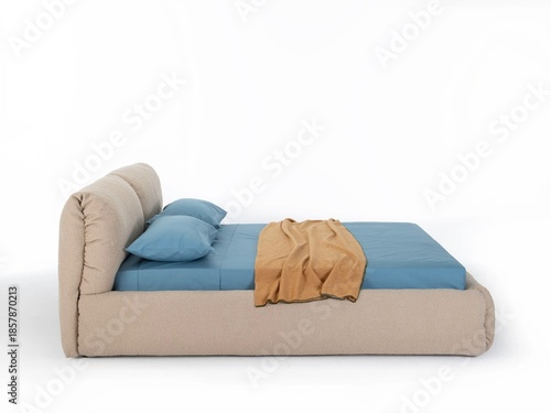 Classic double bed with big headboard isolated on white