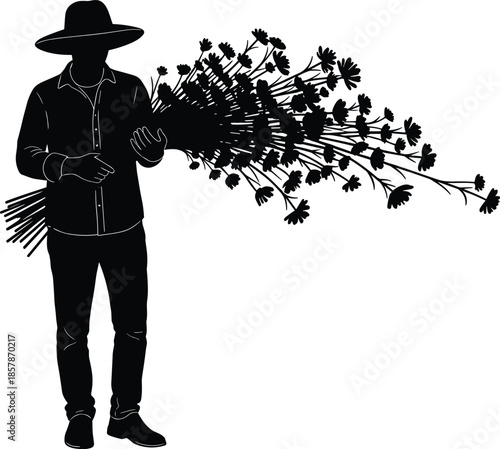 Florist silhouette holding large flower bouquet, gardener in hat with wildflower bunch, florist shop worker, flat vector illustration set