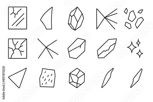 Glass Fragments Icons. Line style icons of glass fragments: broken mirror, sharp edge, crystal piece, reflection ray, cracked pane