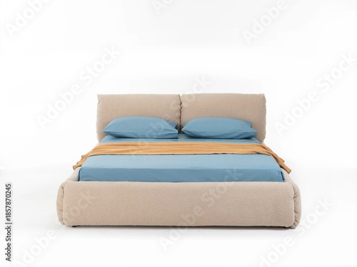 Classic double bed with big headboard isolated on white