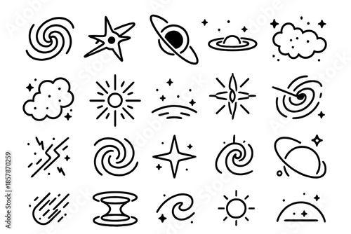 Celestial Icon Line Art. Line style icons of quasars and galaxies: spiral galaxy, quasar beam, black hole, accretion disk, star