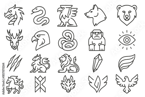 Guardian Beasts Icons. Line style icons of guardian beasts: dragon, serpent, griffin, wolf, bear, stag, falcon, serpent coil,