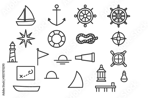 Nautical Line Icons. Line style icons of sailing vessels: sailboat, mast, anchor, ship wheel, compass rose, lifebuoy, rope knot,
