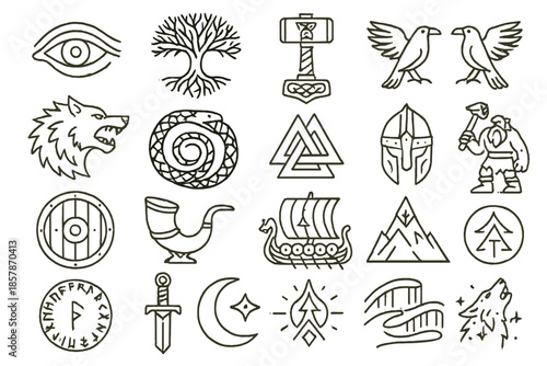 Nordic Mythology Icons. Line style icons of nordic mythology: Odin’s eye, Yggdrasil, Mjölnir, ravens Huginn and Muninn, wolf