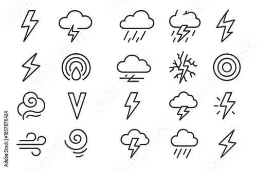 Thunderstorm Icon Set. Line style icons of thunder and storms: lightning bolt, cloud burst, rain streak, storm front, electric