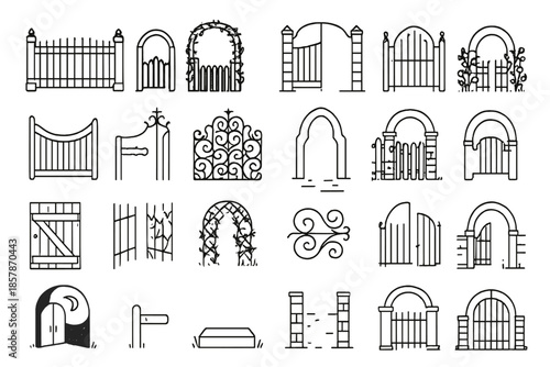 Garden Gate Icons. Line style icons of garden gates: wrought iron gate, wooden arch, vine-covered gate, stone pillars, open path,