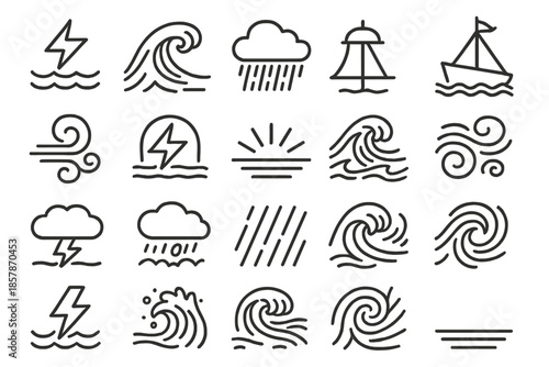 Ocean Storm Icons. Line style icons of ocean storms: lightning over sea, crashing wave, rain curtain, heavy cloud, ship mast, wind