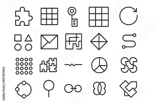 Mind Puzzle Icons. Line style icons of mental challenges: jigsaw piece, logic grid, number key, sliding tiles, rotating circle,