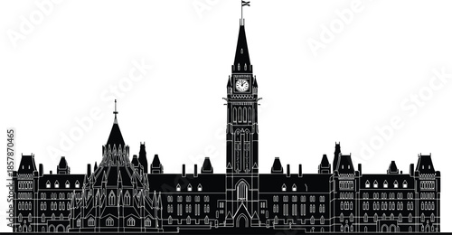 Ottawa city skyline silhouette, panoramic Canadian Parliament buildings with Peace Tower, black and white cityscape, cad drawing flat vector illustration
