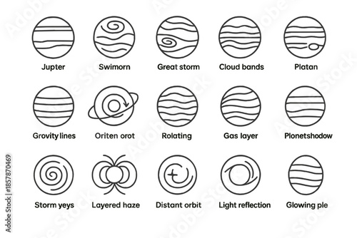 Jupiter Line Icons. Line style icons of Jupiter: gas giant, swirling storm, Great Red Spot, cloud bands, planetary stripes,