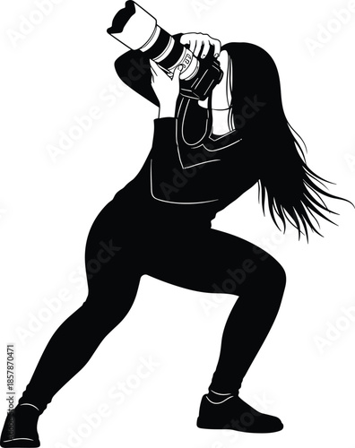 Photographer silhouette, woman taking pictures with professional DSLR camera and telephoto lens, media press journalism, flat vector illustration set