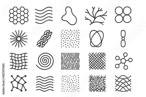 Intricate Micro Patterns. Line style icons of micro details: cell pattern, texture line, organic curve, fractal thread, repeating