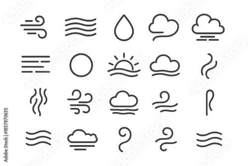 Mist and Vapor Icons. Line style icons of Mist and Vapor: fog curl, vapor wave, dew drop, cloud wisp, steam drift, haze layer,