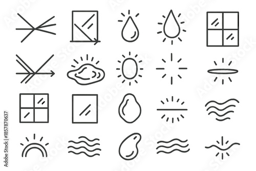 Light and Reflection Icons. Line style icons of Light and Reflection: prism beam, mirrored surface, glowing drop, glass shard,