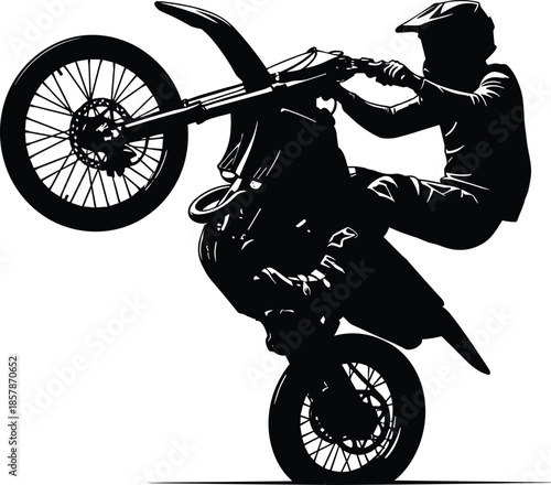 Silhouette of a motocross rider performing a wheelie stunt on a dirt bike isolated on white background flat vector illustration.