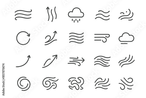 Atmospheric Flow Icons. Line style icons of Atmospheric Flow: air current, rising heat, gentle mist, vapor line, sky loop, motion