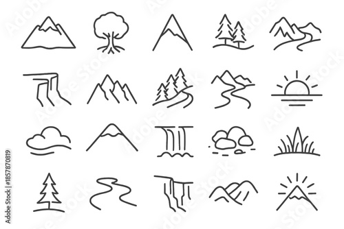 Nature's Linear Serenity. Line style icons of Natural Landscapes: mountain, root system, summit peak, tree line, river valley,