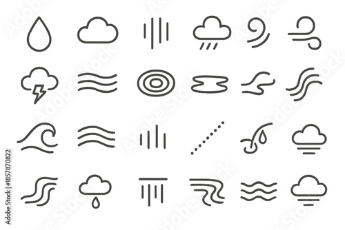 Abstract Rain Icons. Line style icons of Abstract Rain: droplet, cloud puff, drizzle line, falling stream, vapor curl, thunder arc