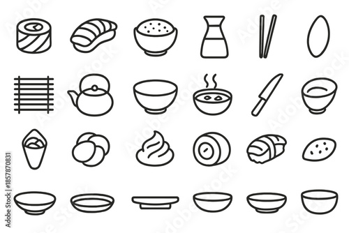 Japanese Cuisine Icons. Line style icons of Japanese Cuisine: sushi roll, sashimi, nigiri, rice bowl, soy sauce, chopsticks,