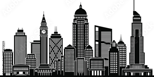 Urban London city skyline silhouette with iconic Big Ben clock tower and St Pauls Cathedral dome isolated on white background.