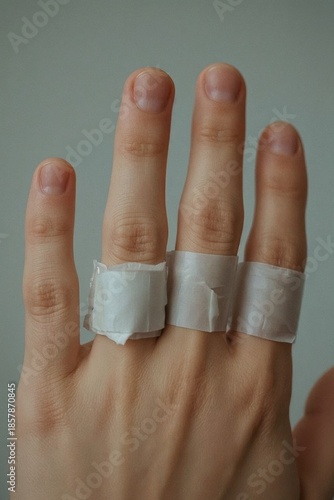 Close-up of a hand with adhesive tape on fingers, showing a creative DIY concept