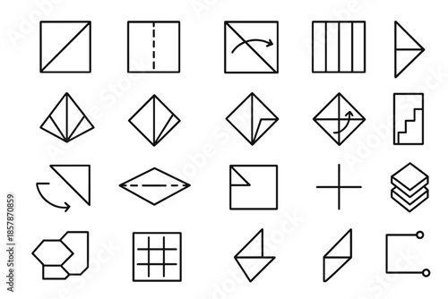 Origami Technique Icons. Line style icons of Origami Techniques: paper fold, valley crease, mountain fold, pleat, squash, reverse