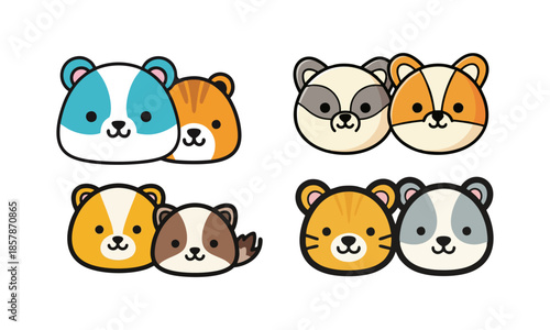 Four pairs of cute cartoon animal faces with different color patterns, depicted in a friendly kawaii style on a white background.