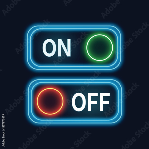 Neon Toggle Switch Icons Set with On and Off Status in Green and Blue Glowing Light