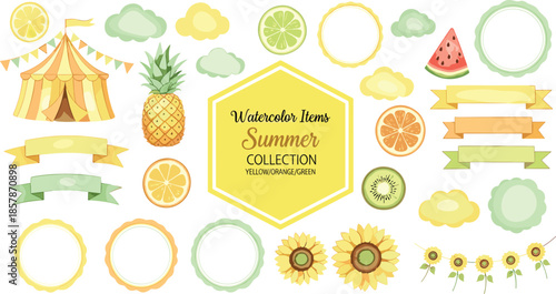 Watercolor summer collection with circus tent, pineapple, sunflowers, citrus fruits, banners, and frames, yellow orange green cad drawing flat vector illustration