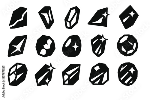 Crystalline Icon Collection. Solid style icons of Crystalline fragments: glass piece, gem shard, polished facet, angular slice,